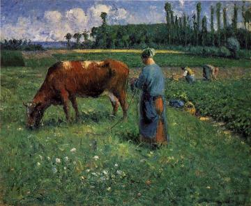 Girl Tending a Cow in a Pasture Artwork by Camille Pissarro