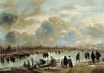 Winter Landscape with Skaters on a Frozen Waterway Artwork by Aert van der Neer