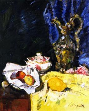 Still Life with Fruit, a Ewer and an Ecuelle on a Yellow Drape Artwork by George Leslie Hunter