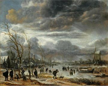 A winter lanscape with figures battling across a frozen river Artwork by Aert van der Neer
