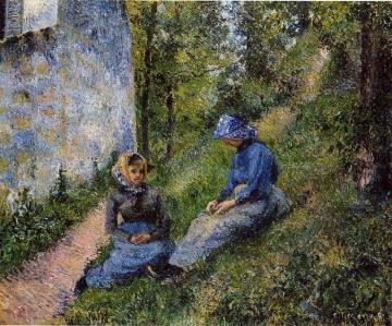Seated Peasants, Sewing Artwork by Camille Pissarro