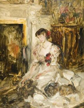 Lady Barber Seated With Yorkshire Terriers In The Music Room At Culham Court Artwork by Sir James Jebusa Shannon