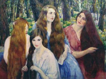 Four Girls Combing Their Hair Artwork by Leon Kroll