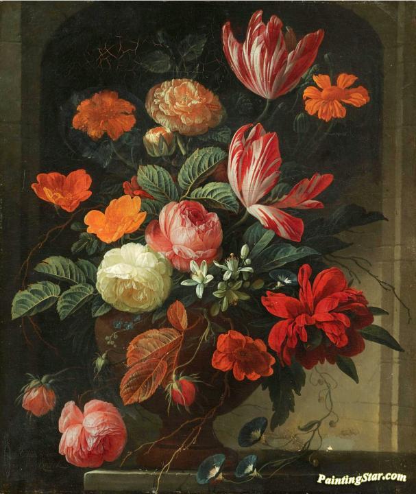 Still Life with Flowers in an Urn on a Stone Ledge Artwork by Elias van den Broeck