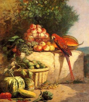 Fruit and Vegetables with a Parrot Artwork by Eugène-Louis Boudin