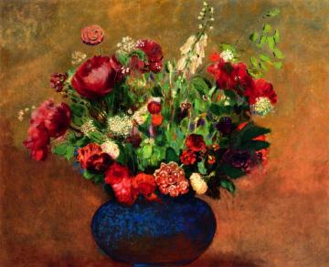 Poppies and Sweet William in a Blue Vase Artwork by Odilon Redon