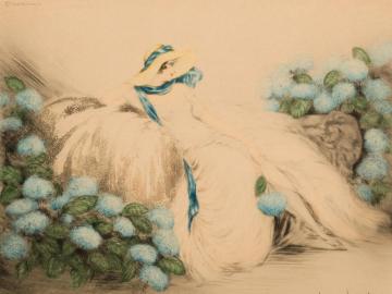 Lady With Blue Flowers Artwork by Louis Icart