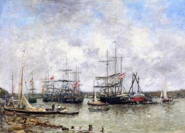 Bordeaux, Three Masted Ships anchored on the Garonne Artwork by Eugène-Louis Boudin