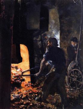 Self Portrait With Worker Near The Steam-hammer Artwork by Adolph von Menzel