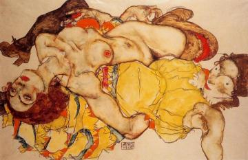 Two Girls Lying Entwined Artwork by Egon Schiele