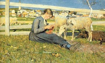 Ragazza che fa la calza Artwork by Giovanni Segantini