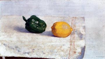 Pepper and Lemon on a White Tablecloth Artwork by Odilon Redon