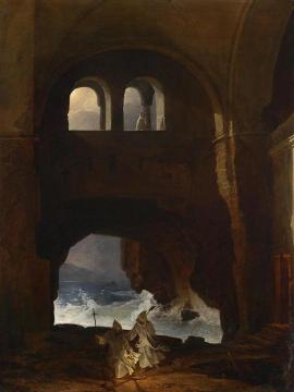Monks in the courtyard of a monastery on the sea Artwork by Franz Ludwig Catel