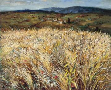 Wheat Field And Village In Provence Artwork by Marcel Dyf