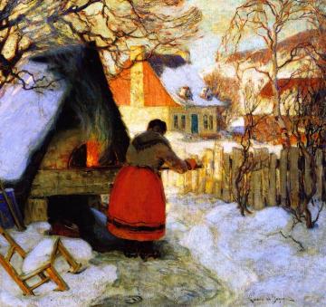 Heating The Oven, Winter Scene Artwork by Clarence Gagnon