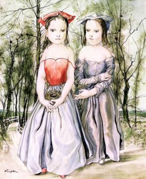 Two Little Girls Artwork by Tsuguharu Foujita