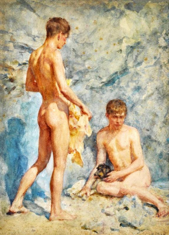 Two Boys And A Dog, 1914 Artwork by Henry Scott Tuke