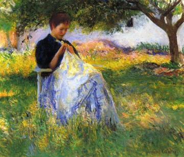A Girl Sewing in an Orchard Artwork by Edmund Tarbell