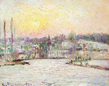 Bazincourt, Sunset, Snow Effect Artwork by Camille Pissarro