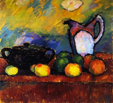 Still LIfe with Fruit, Jug and Red Cloth Artwork by Alexej Jawlensky