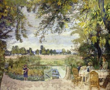 Figures Eating in a Garden by the Water: A Decorative Panel for Bois Lurette Artwork by Edouard Vuillard