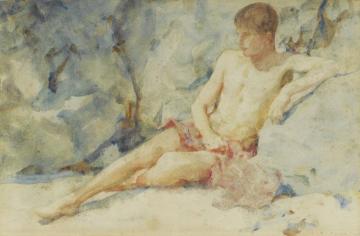 Boy against rock Artwork by Henry Scott Tuke
