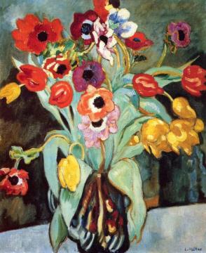 Anemones And Tulips In A Blue Vase Artwork by Louis Valtat