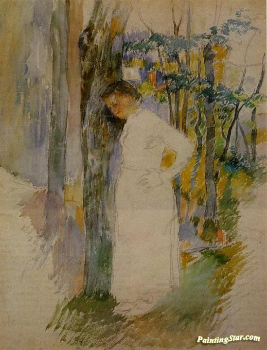 Peasant Woman Standing next to a Tree Artwork by Camille Pissarro