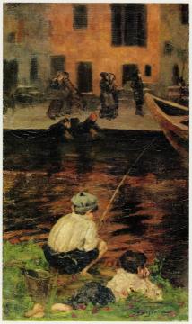 Canal Naviglio with Two Fishing Boys Artwork by Giovanni Segantini