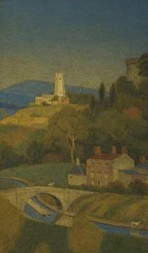 Landscape, Looking Down On A Valley With Distant Church And Canal Artwork by Joseph Edward Southall