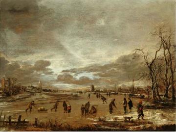A winter landscape with skaters and Kolf players on a frozen river Artwork by Aert van der Neer