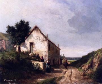 House by a Country Road with Figures Artwork by Camille Pissarro