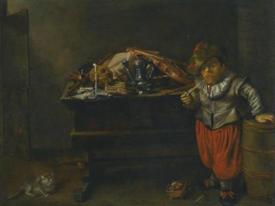 An Interior With A Dwarf And A Vanitas Still Life Artwork by Jan Miense Molenaer