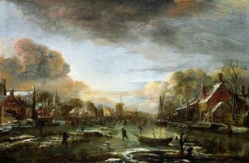 A Frozen River by a Town at Evening Artwork by Aert van der Neer