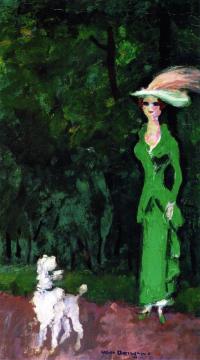 Stylish Woman In Green With Egret Feather And Poodle Artwork by Kees Van Dongen