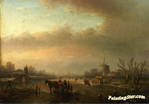 Skaters On A Frozen Canal Artwork by Jan Jacob Spohler