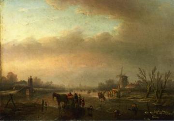 Skaters On A Frozen Canal Artwork by Jan Jacob Spohler