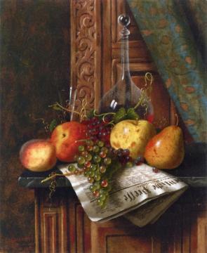 Still Life With Munich Newspaper, Fruit And Decanter Artwork by William Michael Harnett