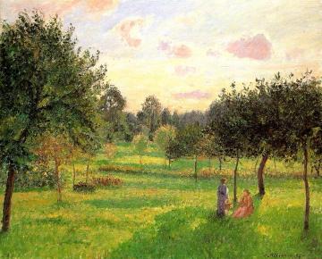 Two Women in a Meadow: Sunset at Eragny Artwork by Camille Pissarro