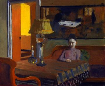 Woman In A Purple Dress Next To A Lamp Artwork by Felix Vallotton