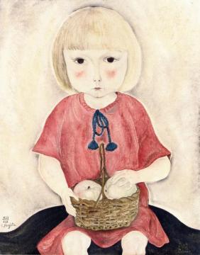 LIttle Girl in a Red Dress with a Basket of Apples Artwork by Tsuguharu Foujita