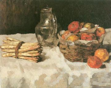 Apples on white: with baskets, pewter and bunch of asparagus Artwork by Carl Eduard Schuch