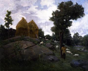 Haystacks, Shepherd And Sheep Artwork by Julian Alden Weir