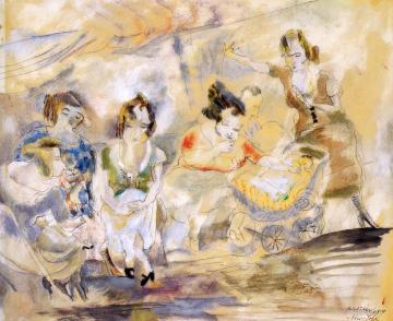 Woman with Baby Carriage Artwork by Jules Pascin