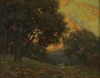 Sunset Beyond The Trees Artwork by Granville Redmond