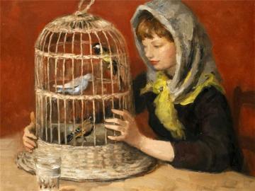 A Girl With A Birdcage Artwork by Marcel Dyf
