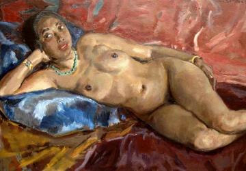 Nude Mulatto Woman On A Blue Cloth Artwork by Jan Sluyters