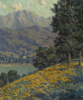 California Poppies With A Lake And Mountains Beyond Artwork by Granville Redmond