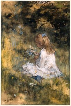 Young Girl (Artist's Daughter) picking Flowers in the Grass Artwork by Jacob Maris