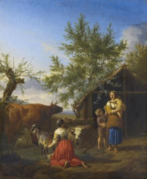 A Woman Milking A Goat Outside A Barn Artwork by Adriaen van de Velde